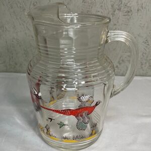 Vintage Hazel-Atlas Clear Glass Pitcher Barware Pheasants Pattern